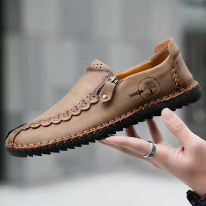 Men Hand Stitching Vintage Casual Comfy Soft Sole Zipper Slip On Leather Loafers-MENSZONES