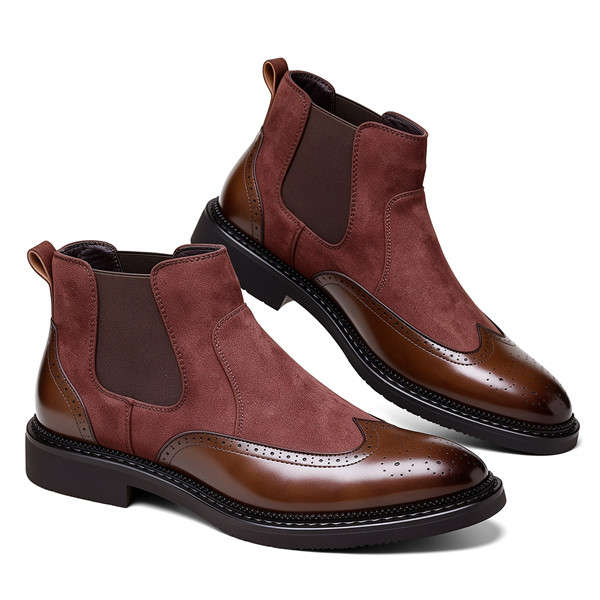 Premium Handcrafted Men's Brogue Chelsea Boots, Mixed Media Suede & Leather Formal Ankle Boots