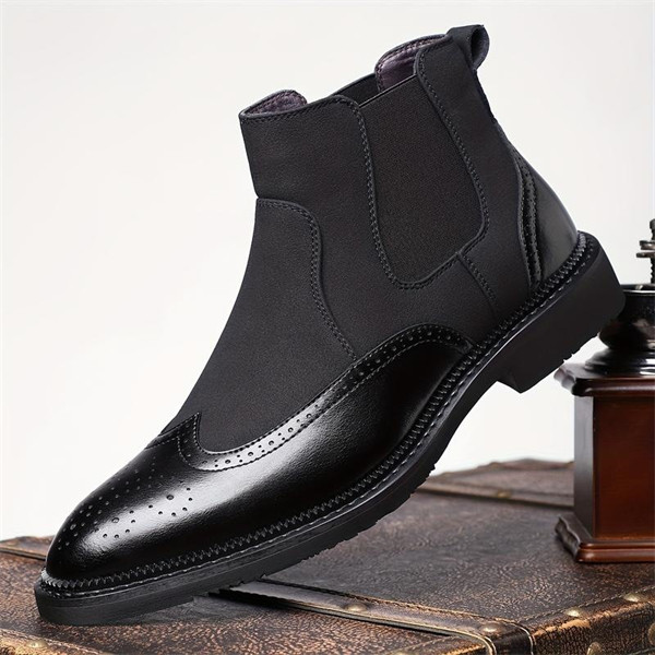 Premium Handcrafted Men's Brogue Chelsea Boots, Mixed Media Suede & Leather Formal Ankle Boots