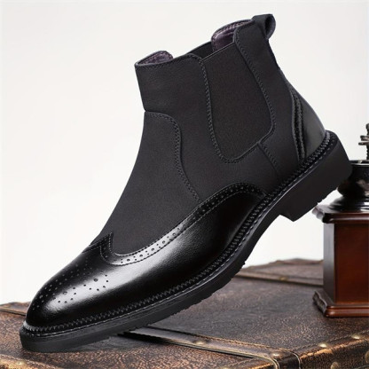 Premium Handcrafted Men's Brogue Chelsea Boots, Mixed Media Suede & Leather Formal Ankle Boots