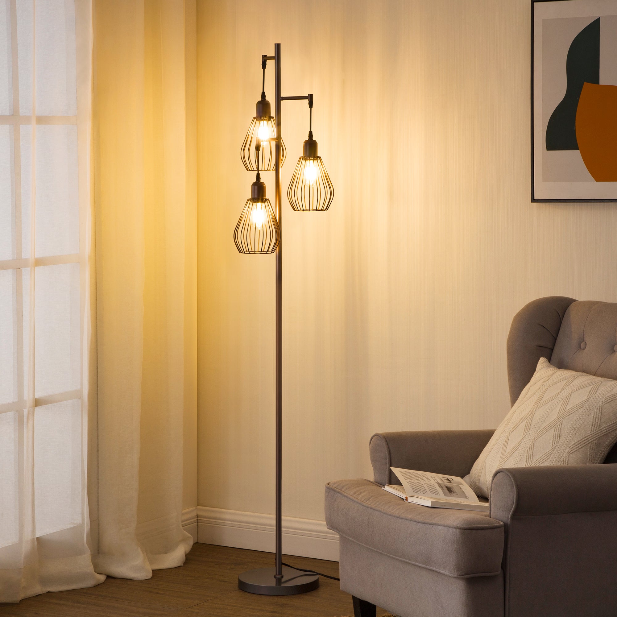EDISHINE Industrial Tree Floor Lamp with with 3 Elegant Teardrop Cage Head (1 Pack)-HOFL03F