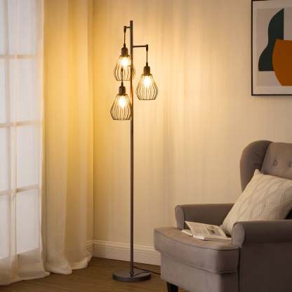 EDISHINE Industrial Tree Floor Lamp with with 3 Elegant Teardrop Cage Head (1 Pack)-HOFL03F