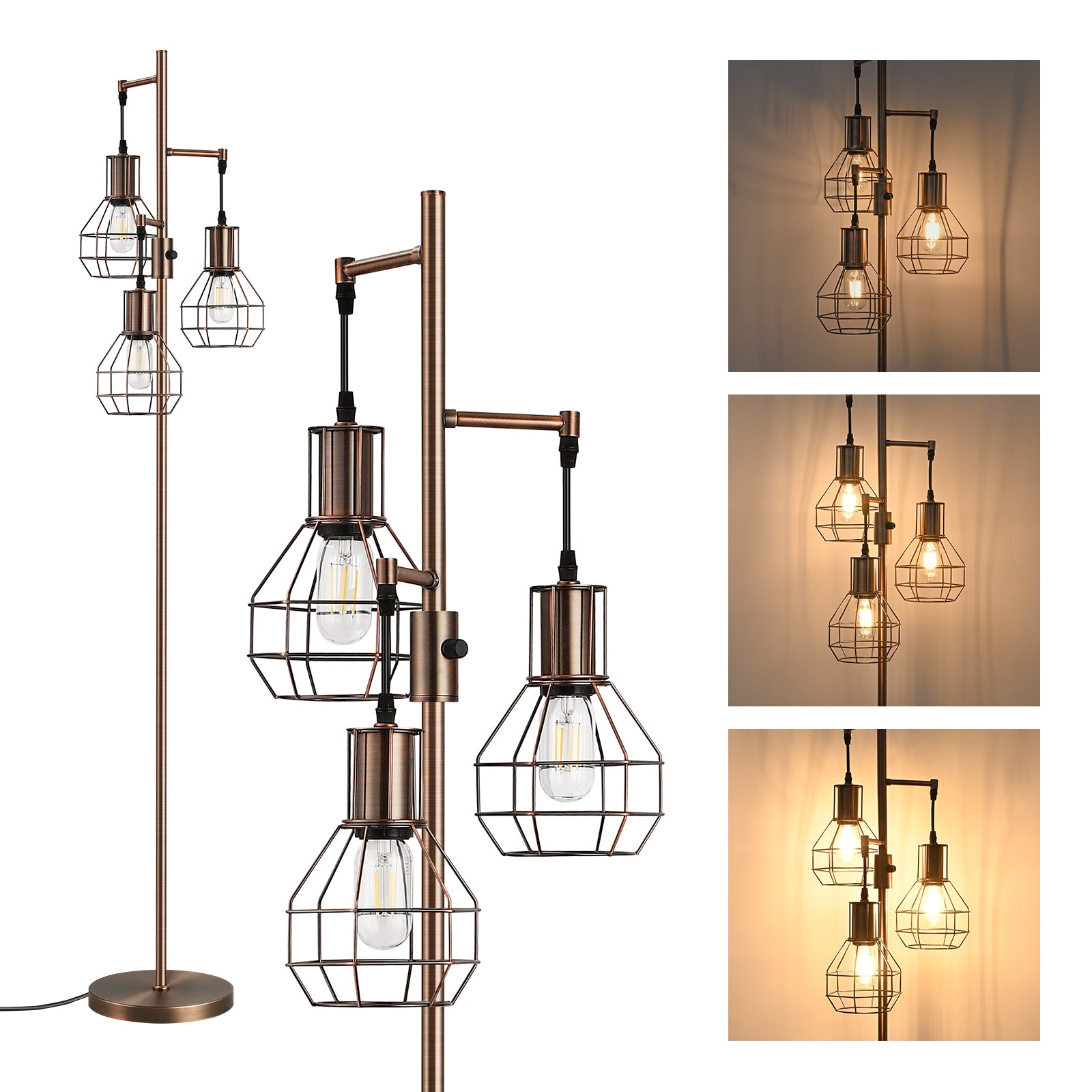 EDISHINE 65" Dimmable Industrial Floor Lamp with 3 LED Bulbs-HOFL03G