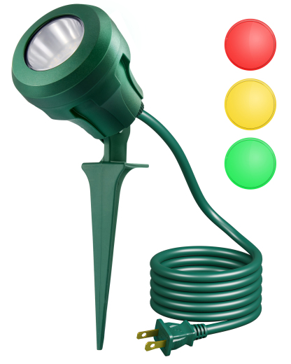 120V Spotlight Outdoor with 5ft Extension Cord, 400 Lumens Waterproof LED Spot Light with 3 Lenses (Red Yellow Green) for Holiday, Trees, Garden Decor-HGSL01A