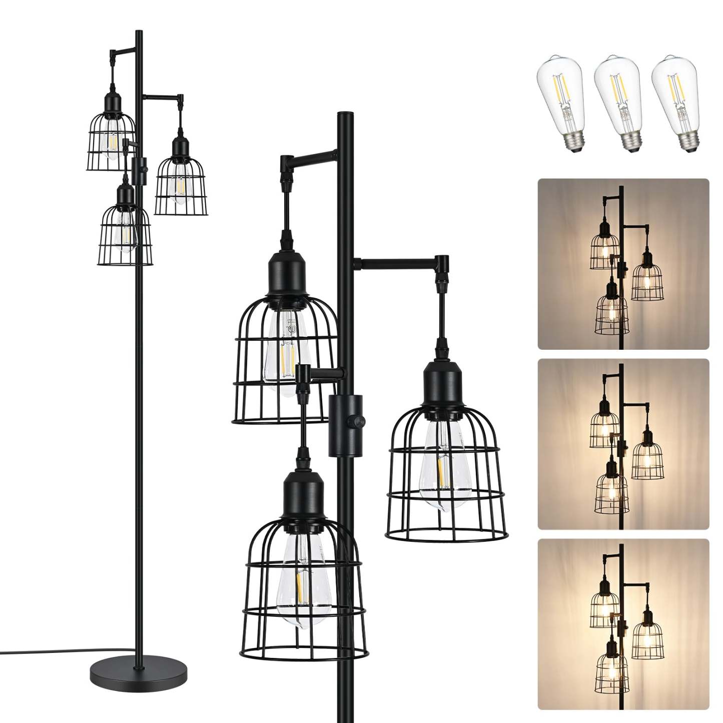 EDISHINE Dimmable Black Farmhouse Floor Lamp with 3 LED Bulbs-HLFL03H
