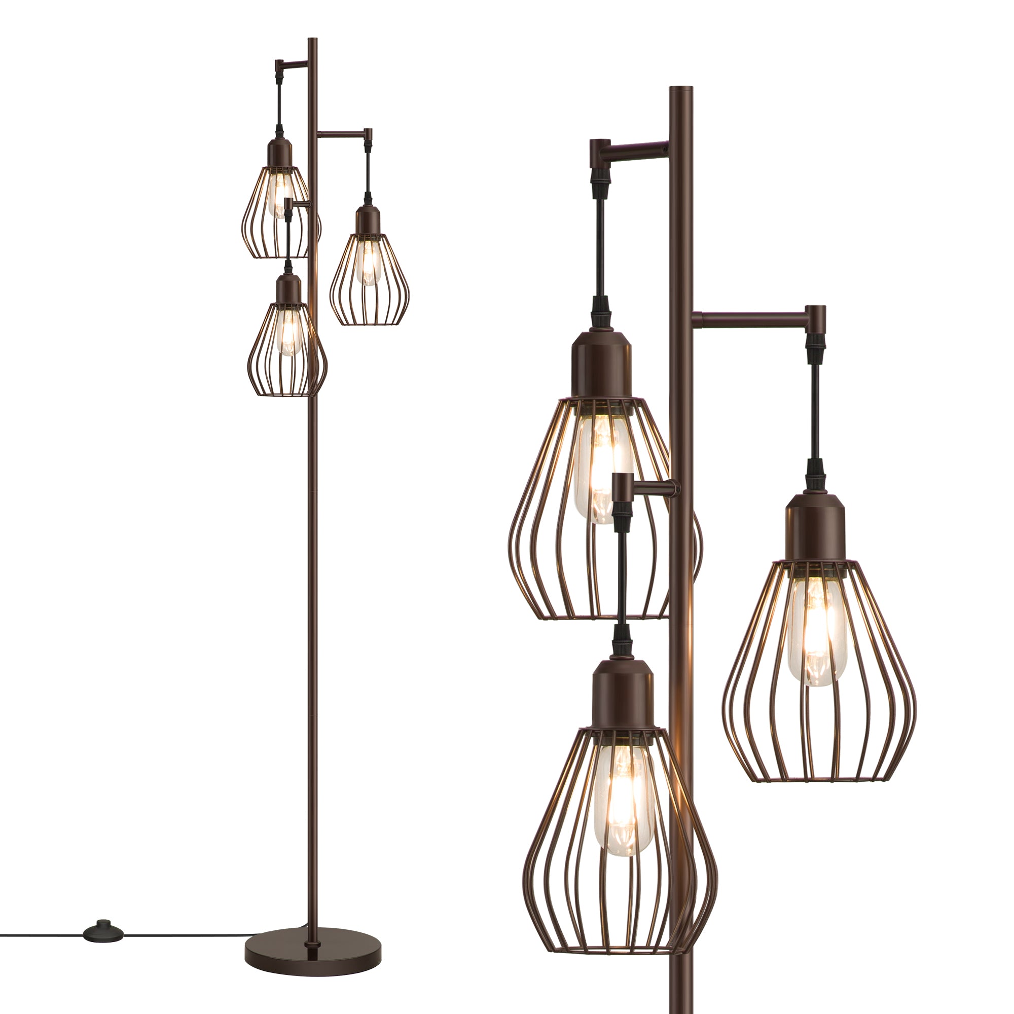 EDISHINE Industrial Tree Floor Lamp with with 3 Elegant Teardrop Cage Head (1 Pack)-HOFL03F