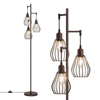 EDISHINE Industrial Tree Floor Lamp with with 3 Elegant Teardrop Cage Head (1 Pack)-HOFL03F
