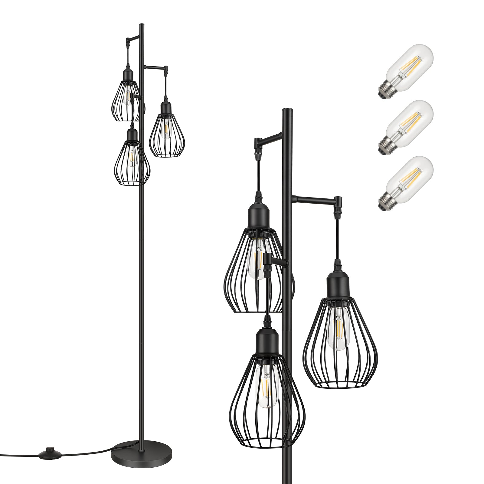 EDISHINE Industrial Floor Lamp with 3 Elegant Teardrop Cage Head (1 Pack)-HLFL03F