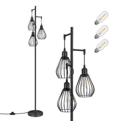 EDISHINE Industrial Floor Lamp with 3 Elegant Teardrop Cage Head (1 Pack)-HLFL03F