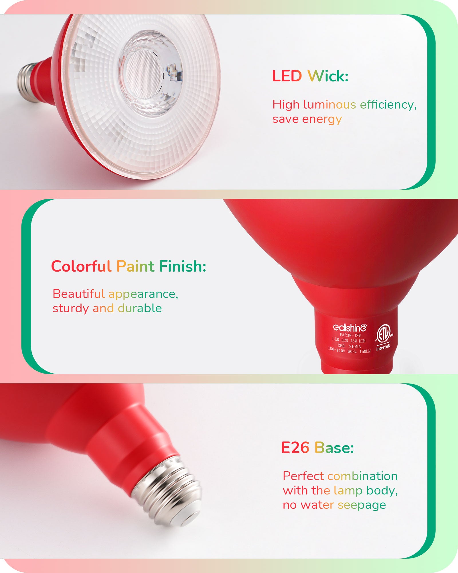 EDISHINE PAR38 Dimmable 18W(120W Equivalent) E26 Base Red & Green Flood Light Bulb, 2 Pack-HDCP38E-B2B