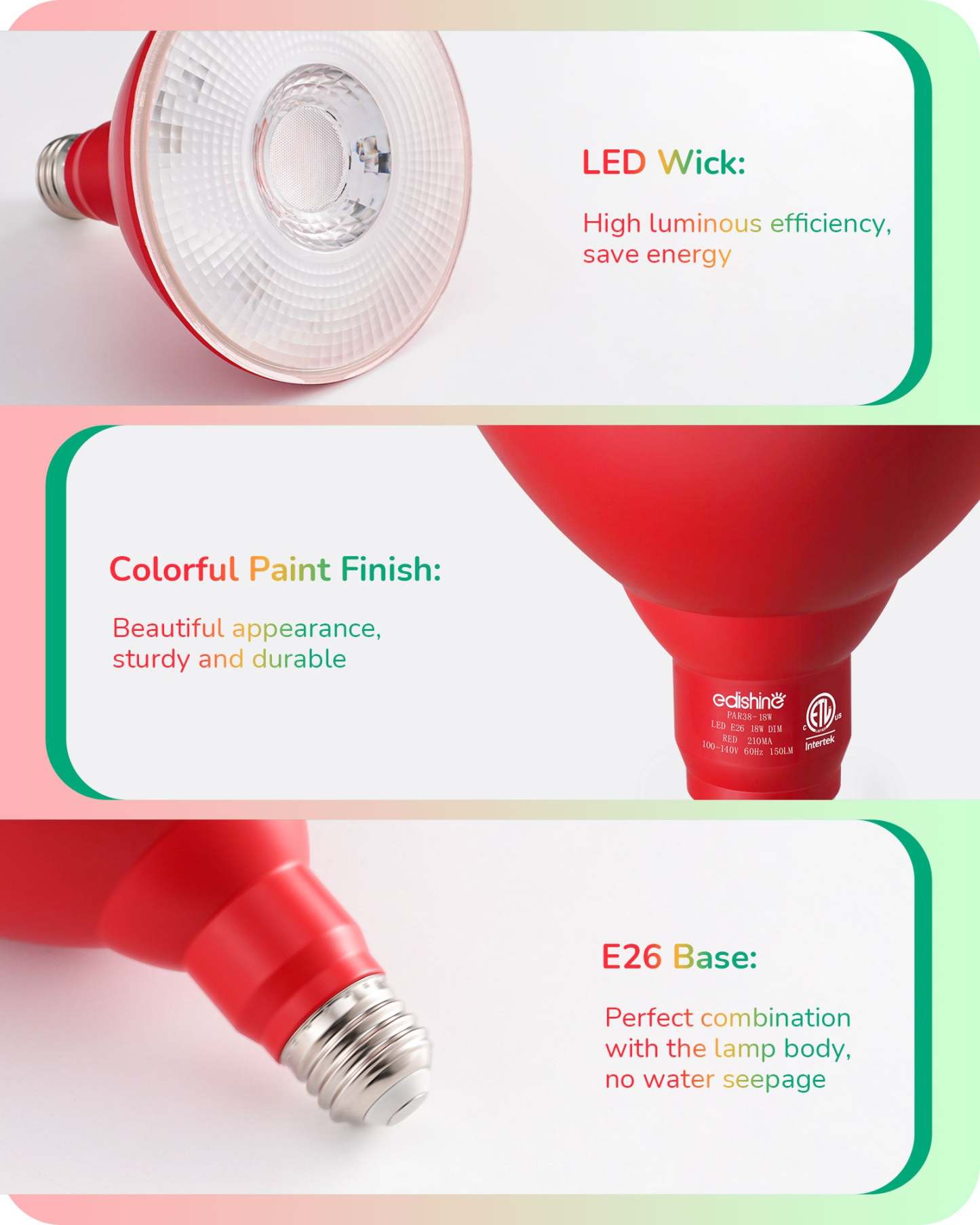 EDISHINE PAR38 Dimmable 18W(120W Equivalent) E26 Base Red & Green Flood Light Bulb, 2 Pack-HDCP38E-B2B