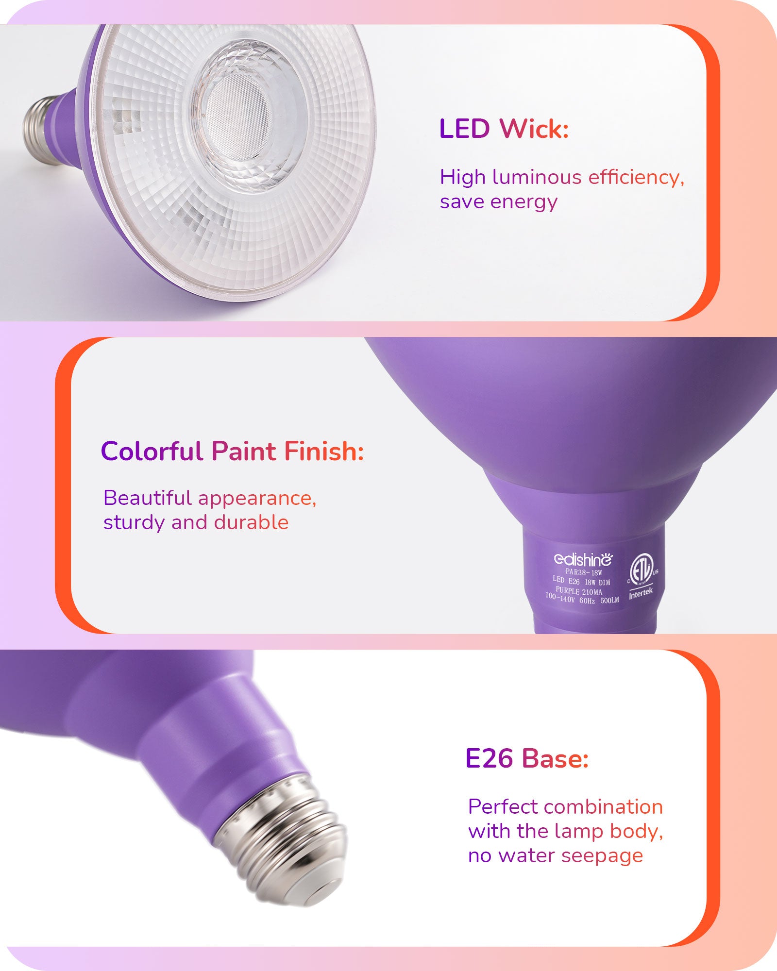 EDISHINE PAR38 Dimmable 18W(120W Equivalent) E26 Base Purple & Orange Flood Light Bulb, 2 Pack-HDCP38A-B2B