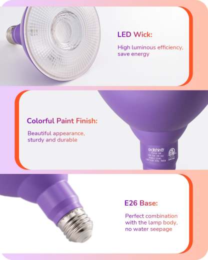 EDISHINE PAR38 Dimmable 18W(120W Equivalent) E26 Base Purple & Orange Flood Light Bulb, 2 Pack-HDCP38A-B2B