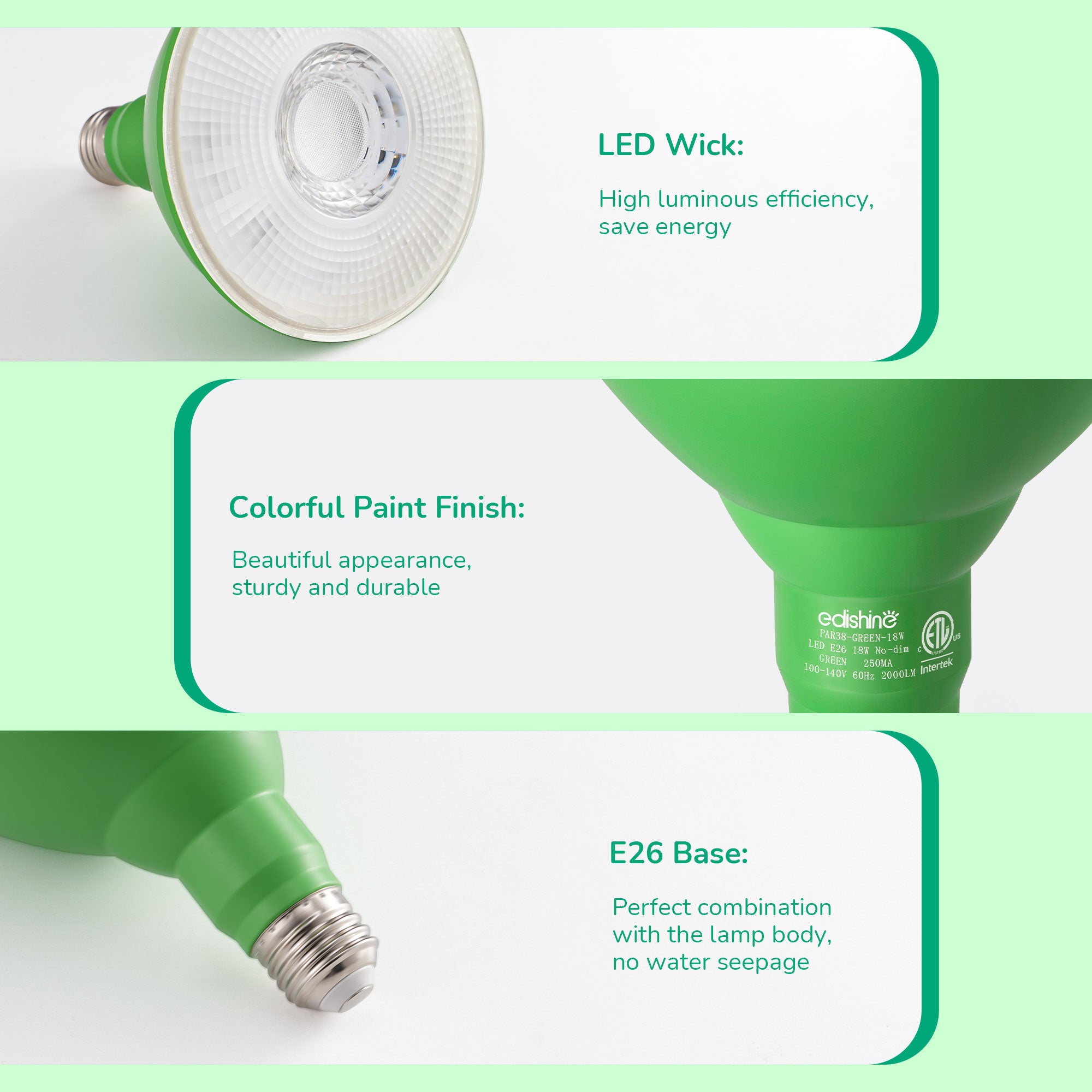 EDISHINE 18W Dimmable Green Flood Light Bulbs (2 Pack)-HLBP38E
