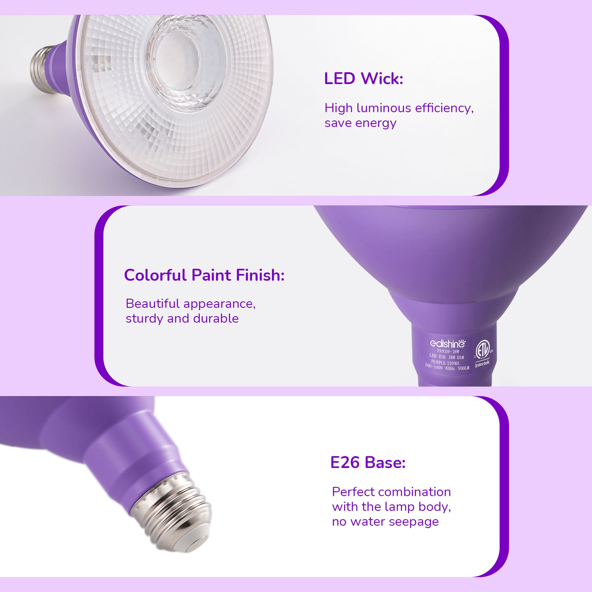 EDISHINE PAR38 Dimmable 18W(120W Equivalent) E26 Base Purple Flood Light Bulb, 2 Pack-HLBP38B