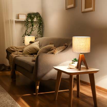 EDISHINE Wooden Tripod Table Lamp with Linen Fabric Lampshade, 2 Pack-HLTL25Q