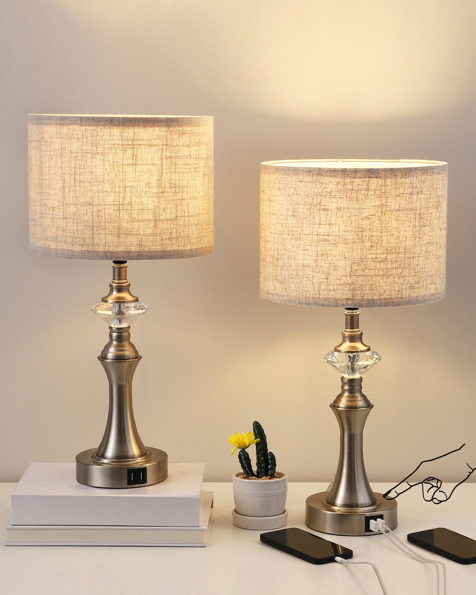 EDISHINE 3-Way Dimmable Touch Control Table Lamp with 2 USB Ports, 2 Pack-HLTL06C1