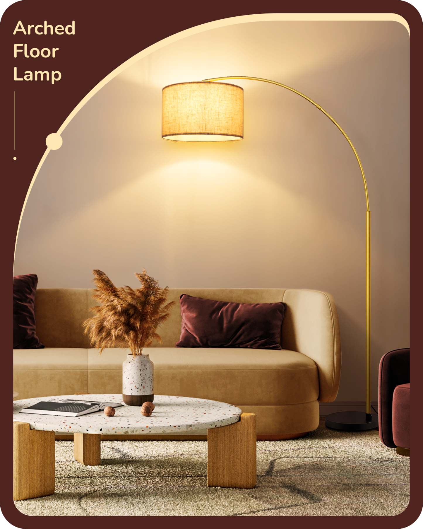 EDISHINE 75.6" Gold Arc Floor Lamp-HLFL04X