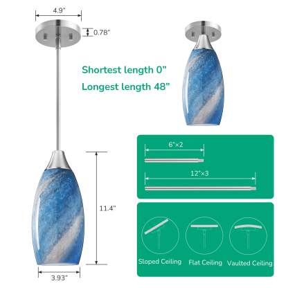 EDISHINE Handcrafted Art Glass Pendant Light Fixtures, Adjustable Cord (1 Pack)-HHPL08C