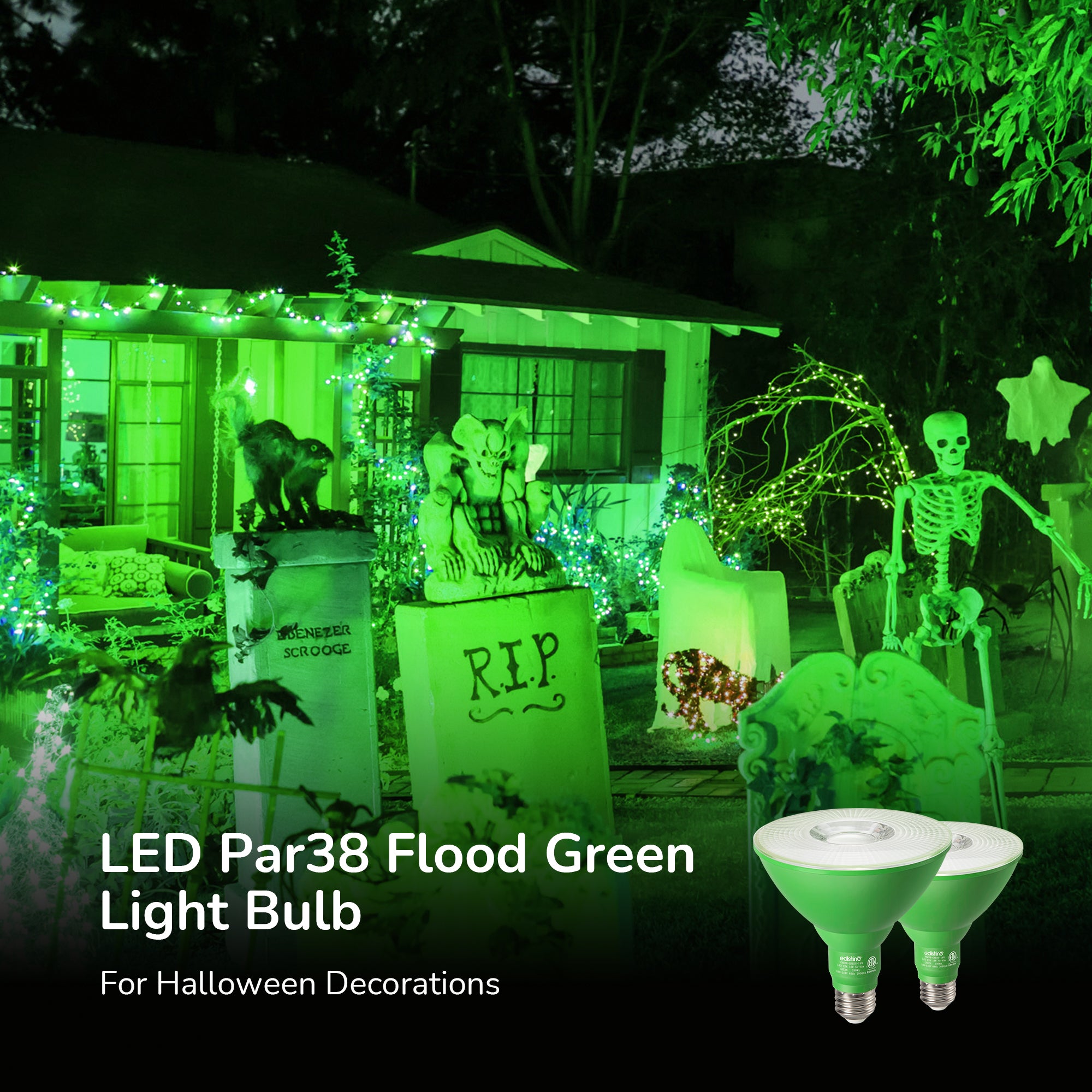 EDISHINE 18W Dimmable Green Flood Light Bulbs (2 Pack)-HLBP38E