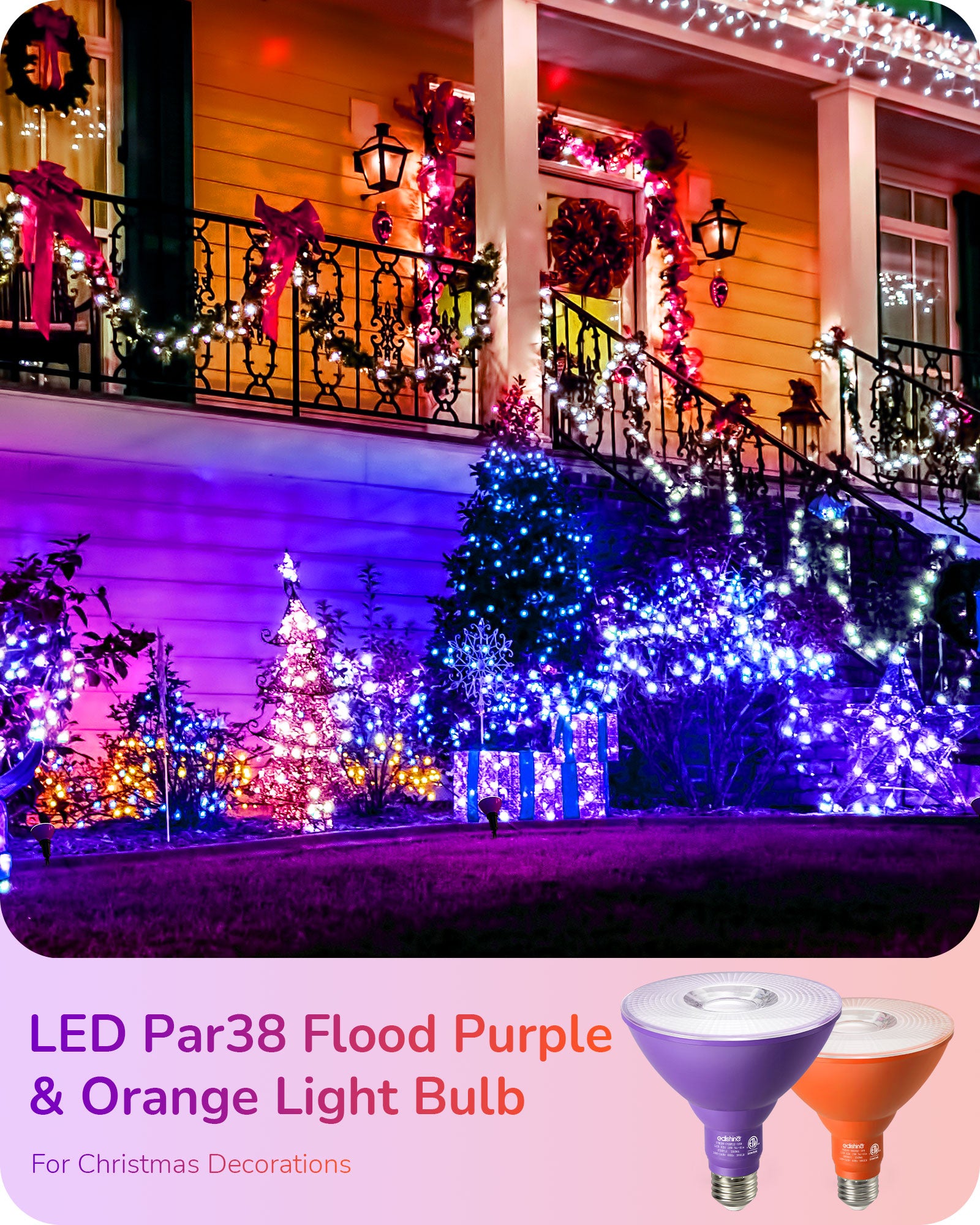 EDISHINE PAR38 Dimmable 18W(120W Equivalent) E26 Base Purple & Orange Flood Light Bulb, 2 Pack-HDCP38A-B2B