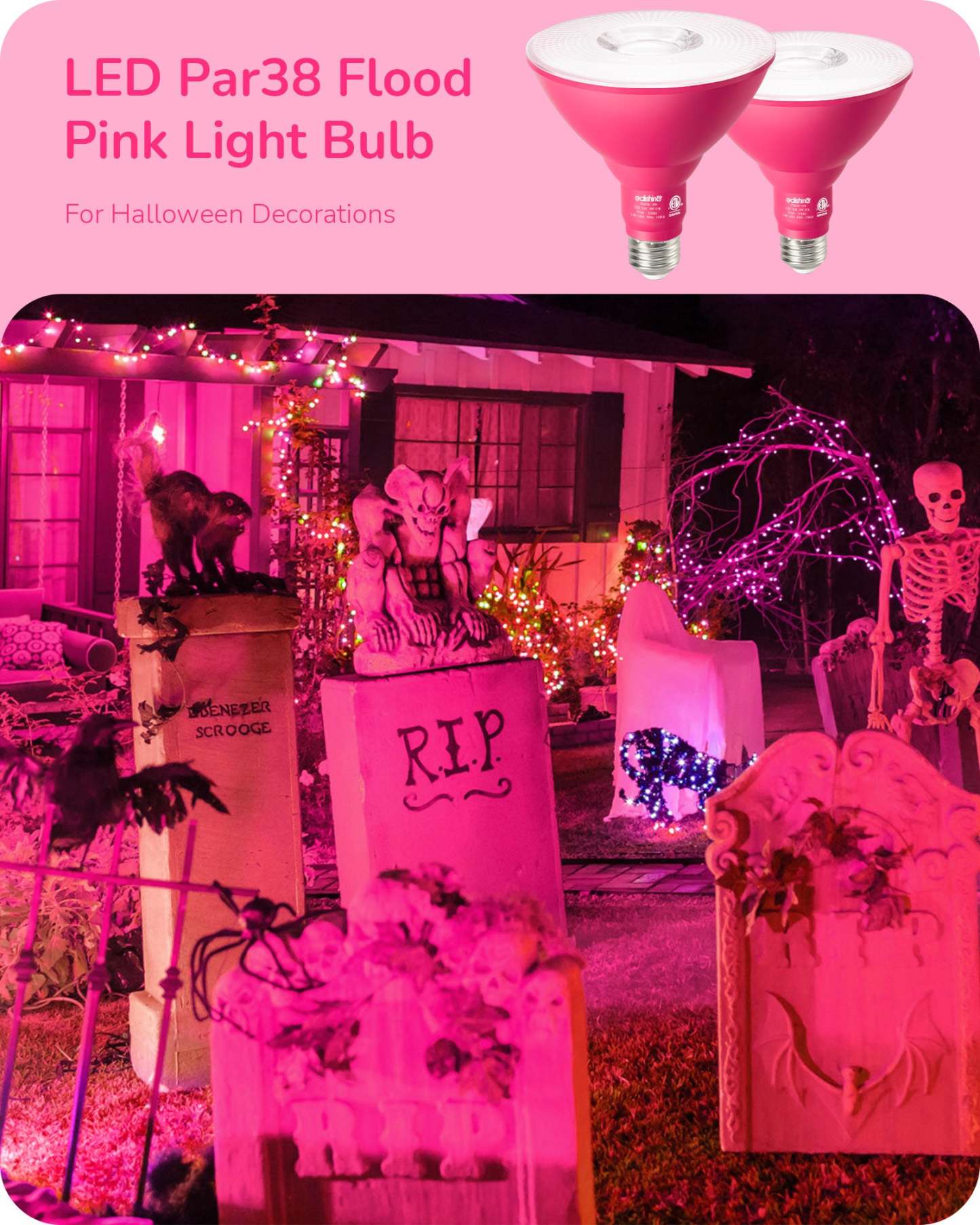 EDISHINE PAR38 Dimmable 18W(120W Equivalent) E26 Base Pink Flood Light Bulb, 2 Pack-HDCP38B