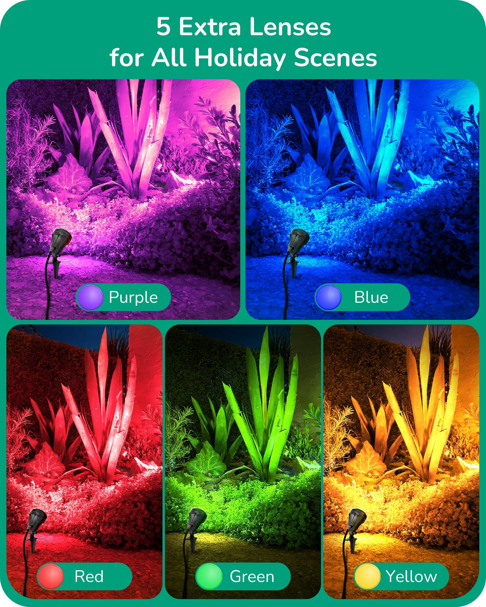 EDISHINE 4.8W 5000K 120V LED Outdoor Spotlight with 5 Extra Lenses (RGB Purple Blue)-HGSL01D