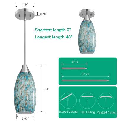 EDISHINE Handcrafted Art Glass Pendant Light Fixtures, Adjustable Cord (1 Pack)-HHPL08B