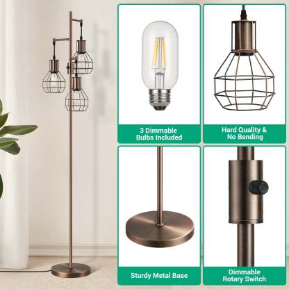 EDISHINE 65" Dimmable Industrial Floor Lamp with 3 LED Bulbs-HOFL03G