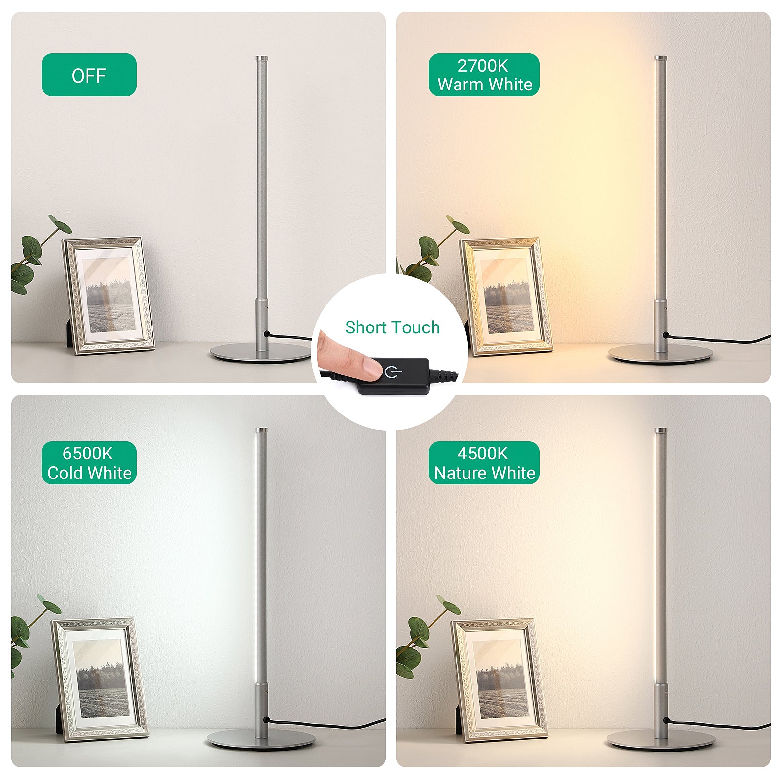 EDISHINE  Dimmable Silver 6W Table Lamp with 3 Colour Temperature & Touch Controller, 1 Pack-HLTL02S