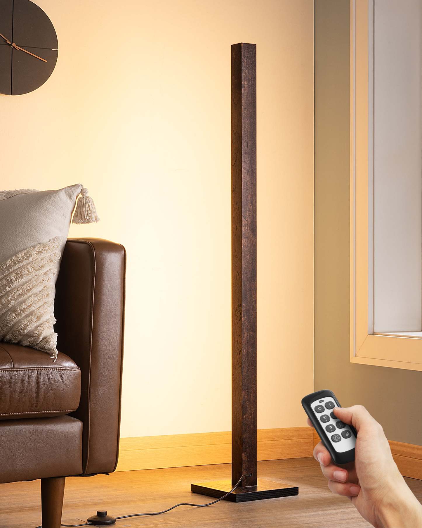 EDISHINE 46" Dimmable Wood Corner Floor Lamp with Remote, 7 Color Temperature-HFLK02V