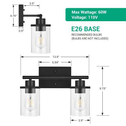 EDISHINE Matte Black Bathroom Light Fixtures-HHVL01B