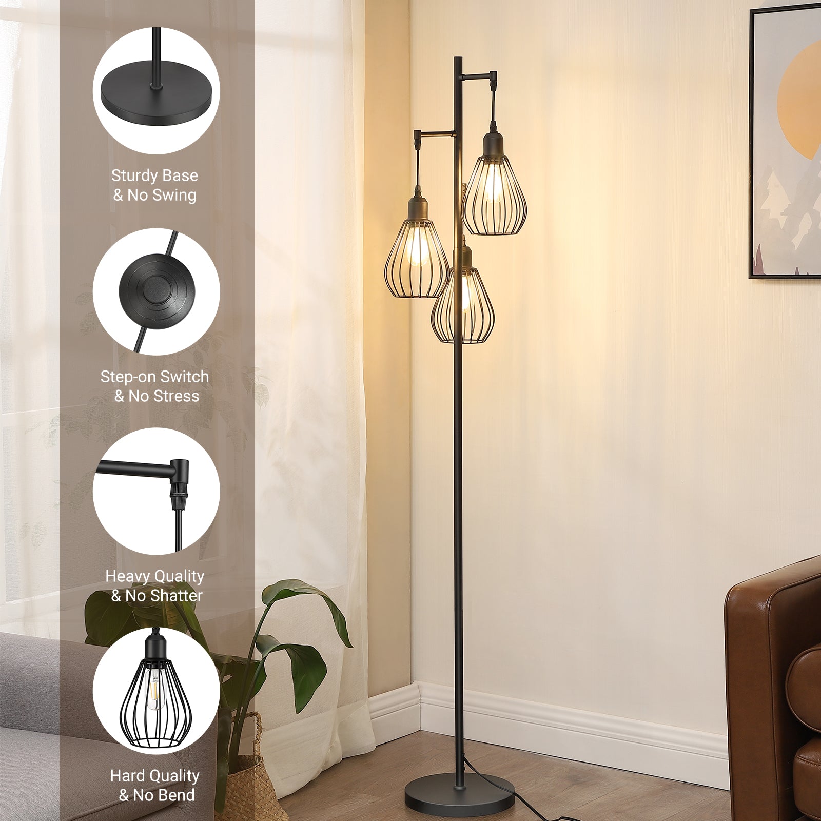 EDISHINE Industrial Floor Lamp with 3 Elegant Teardrop Cage Head (1 Pack)-HLFL03F