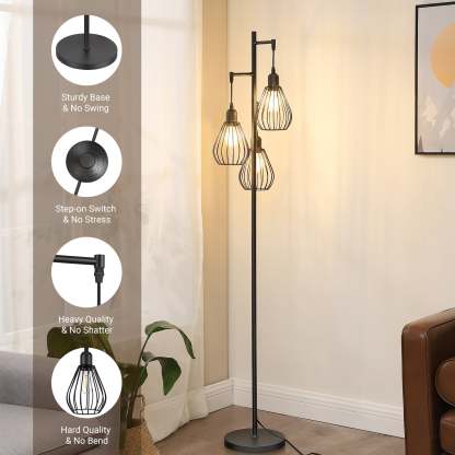 EDISHINE Industrial Floor Lamp with 3 Elegant Teardrop Cage Head (1 Pack)-HLFL03F