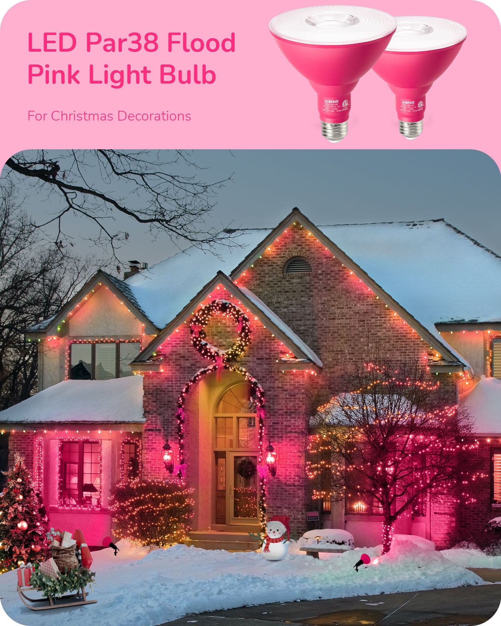 EDISHINE PAR38 Dimmable 18W(120W Equivalent) E26 Base Pink Flood Light Bulb, 2 Pack-HDCP38B