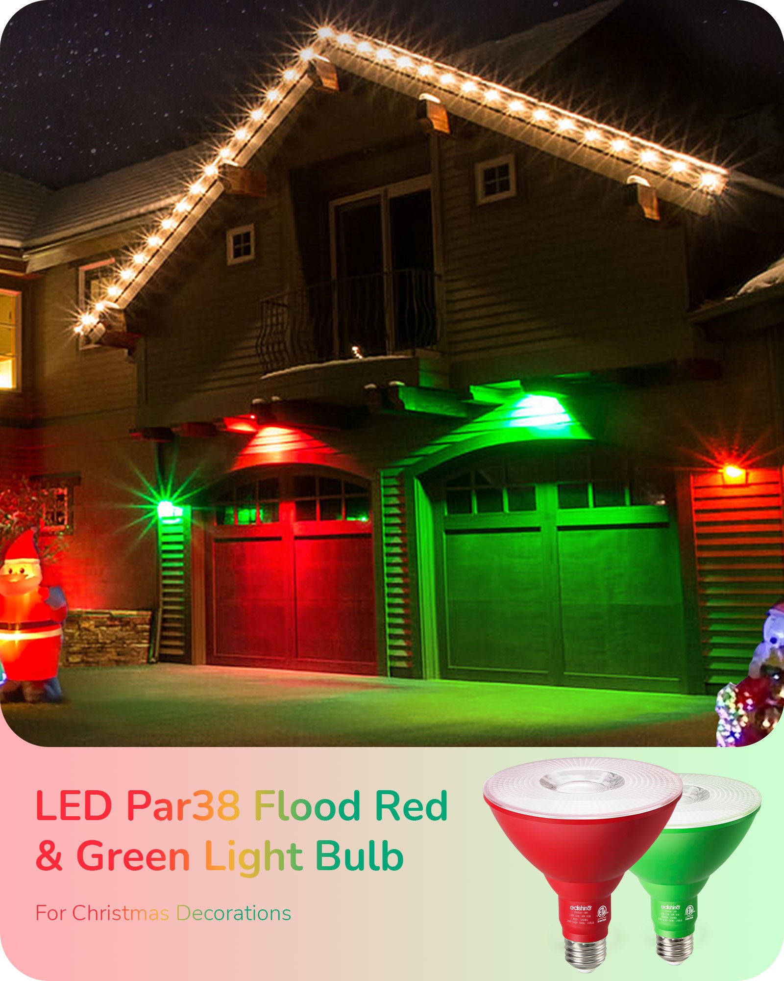 EDISHINE PAR38 Dimmable 18W(120W Equivalent) E26 Base Red & Green Flood Light Bulb, 2 Pack-HDCP38E-B2B