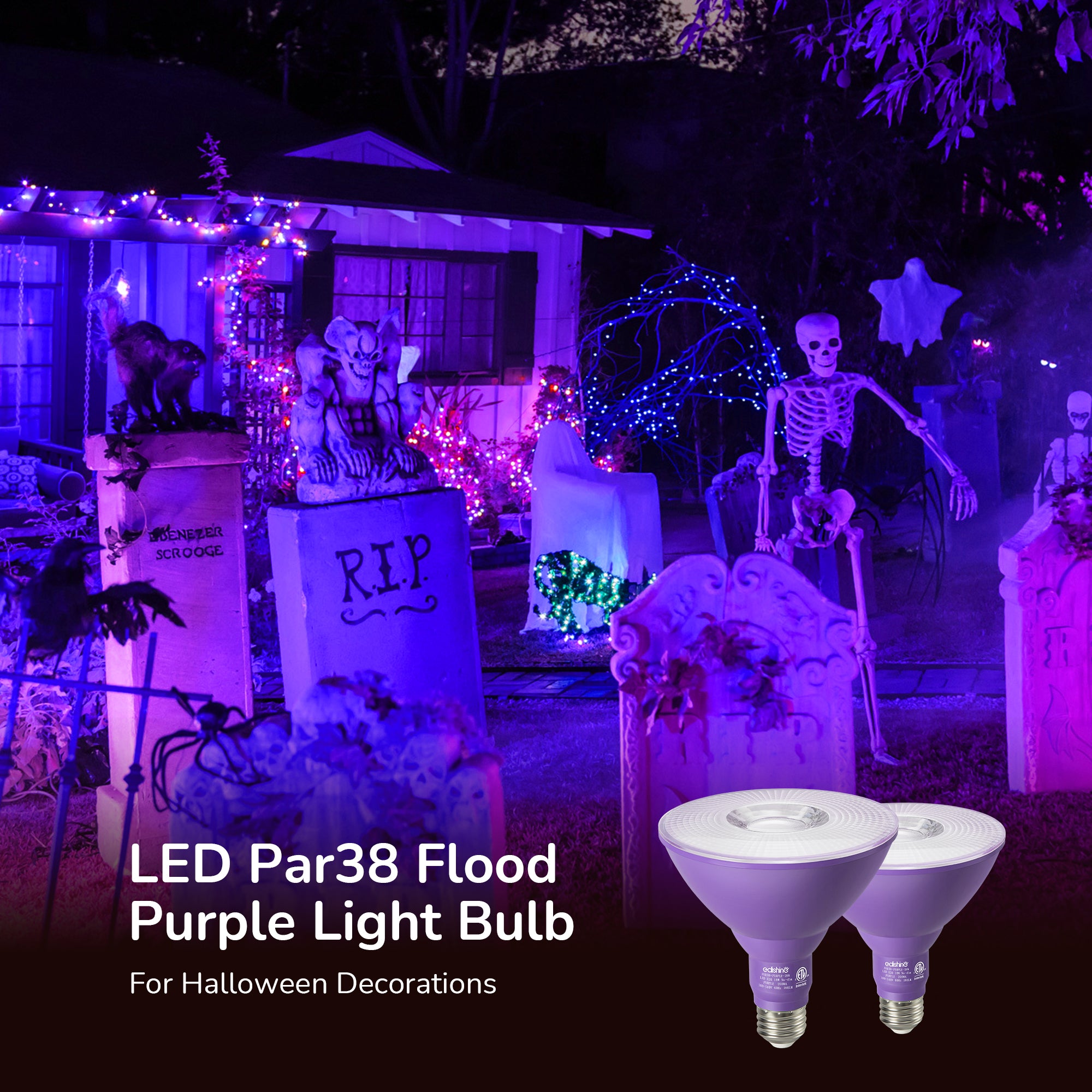 EDISHINE PAR38 Dimmable 18W(120W Equivalent) E26 Base Purple Flood Light Bulb, 2 Pack-HLBP38B
