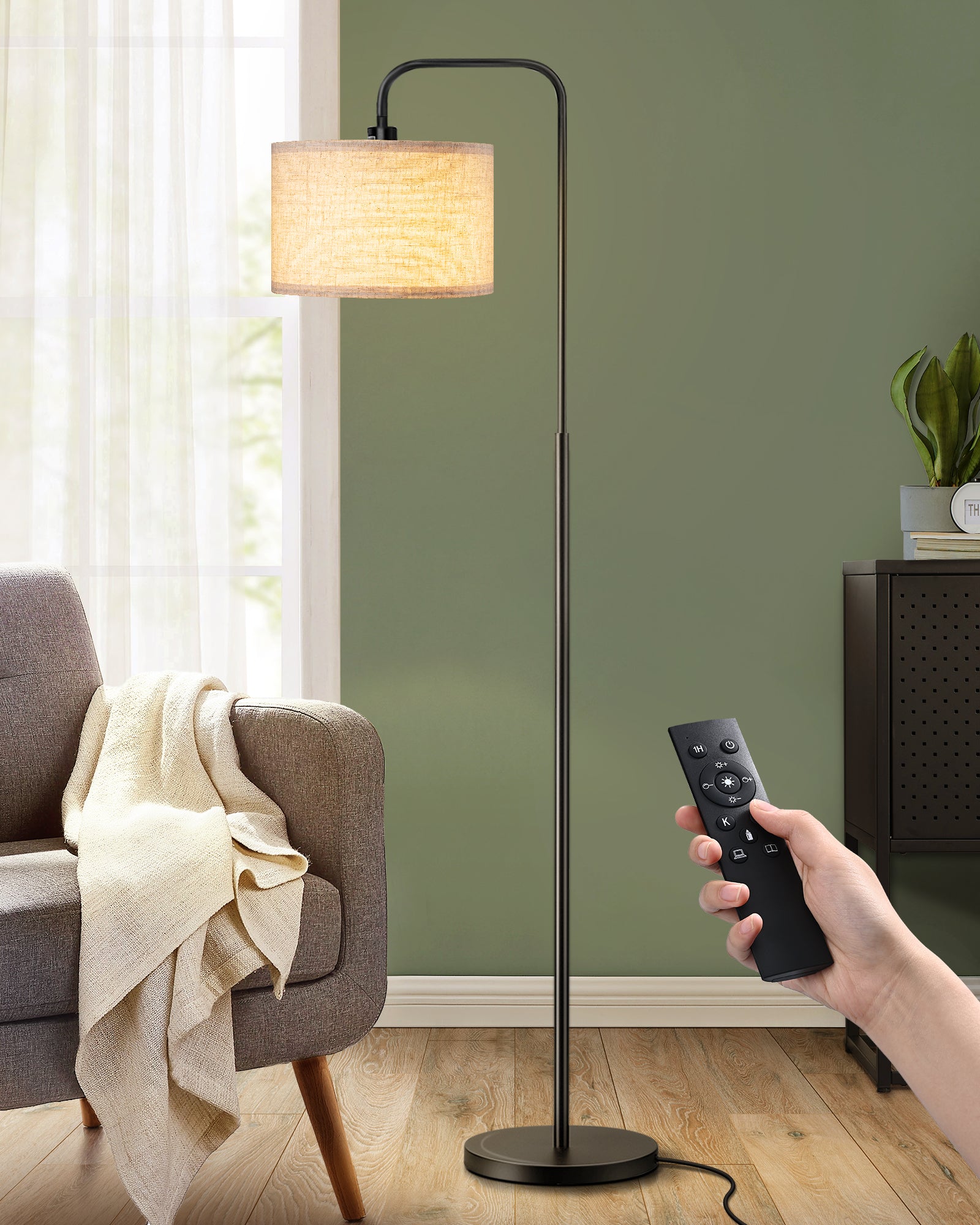 EDISHINE Modern Arc Floor Lamp with Remote for Living Room , 5CCT, Metal Dimmable Pole Lamp with Shade for Bedroom, Office, Bulb Included, Black-HFLEA5B