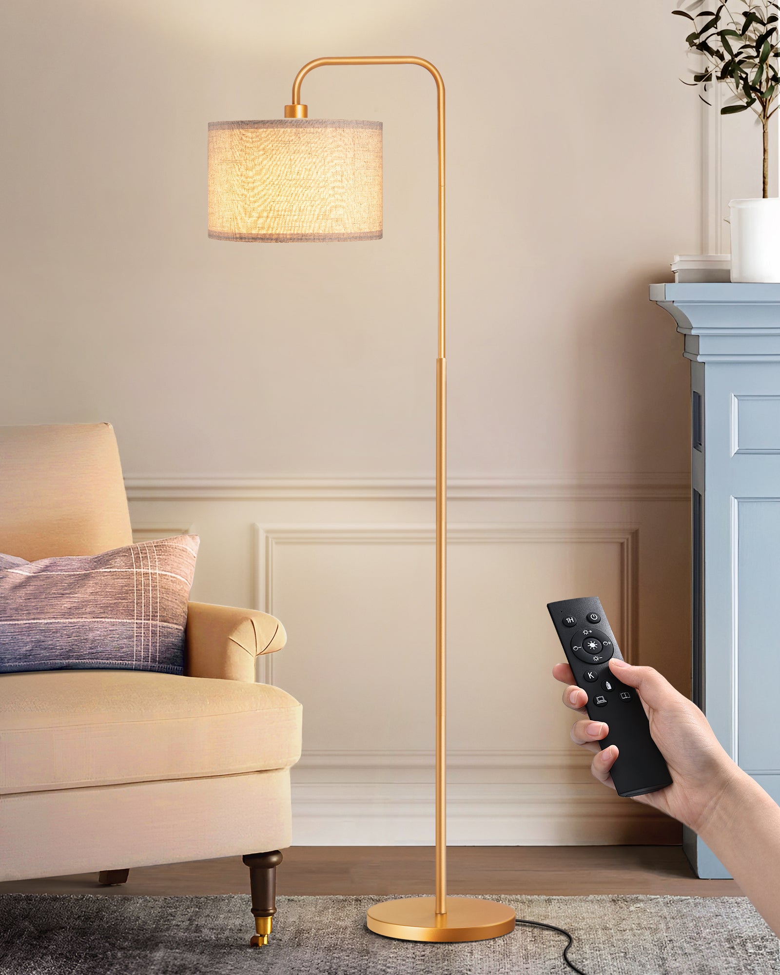 EDISHINE Modern Arc Floor Lamps for Living Room with Remote 5CCT Dimmable Metal Pole Lamps with Shade for Bedroom Office Bulb Included Gold