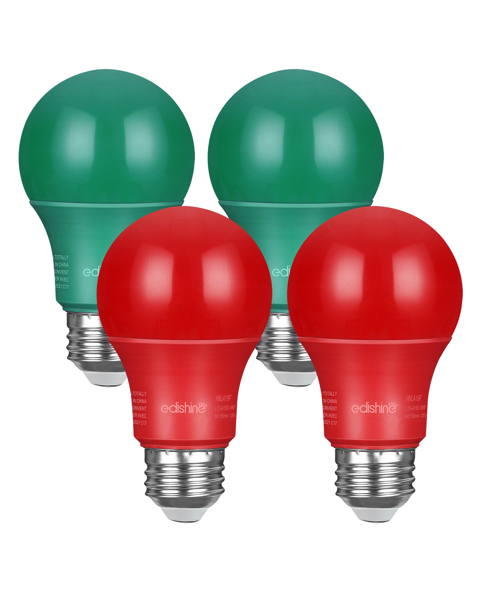 EDISHINE Non-Dimmable 9W A19 Red&Green Light Bulb (4 Pack)-HNLA19J1-B2B