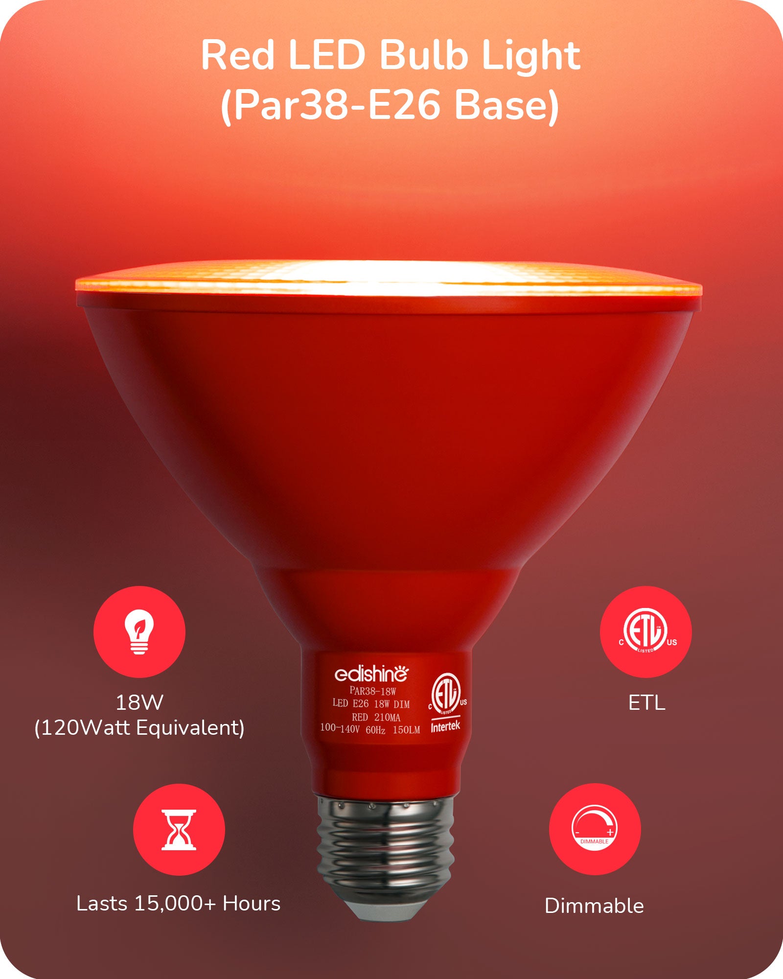 EDISHINE PAR38 Dimmable 18W(120W Equivalent) E26 Base Red & Green Flood Light Bulb, 2 Pack-HDCP38E-B2B
