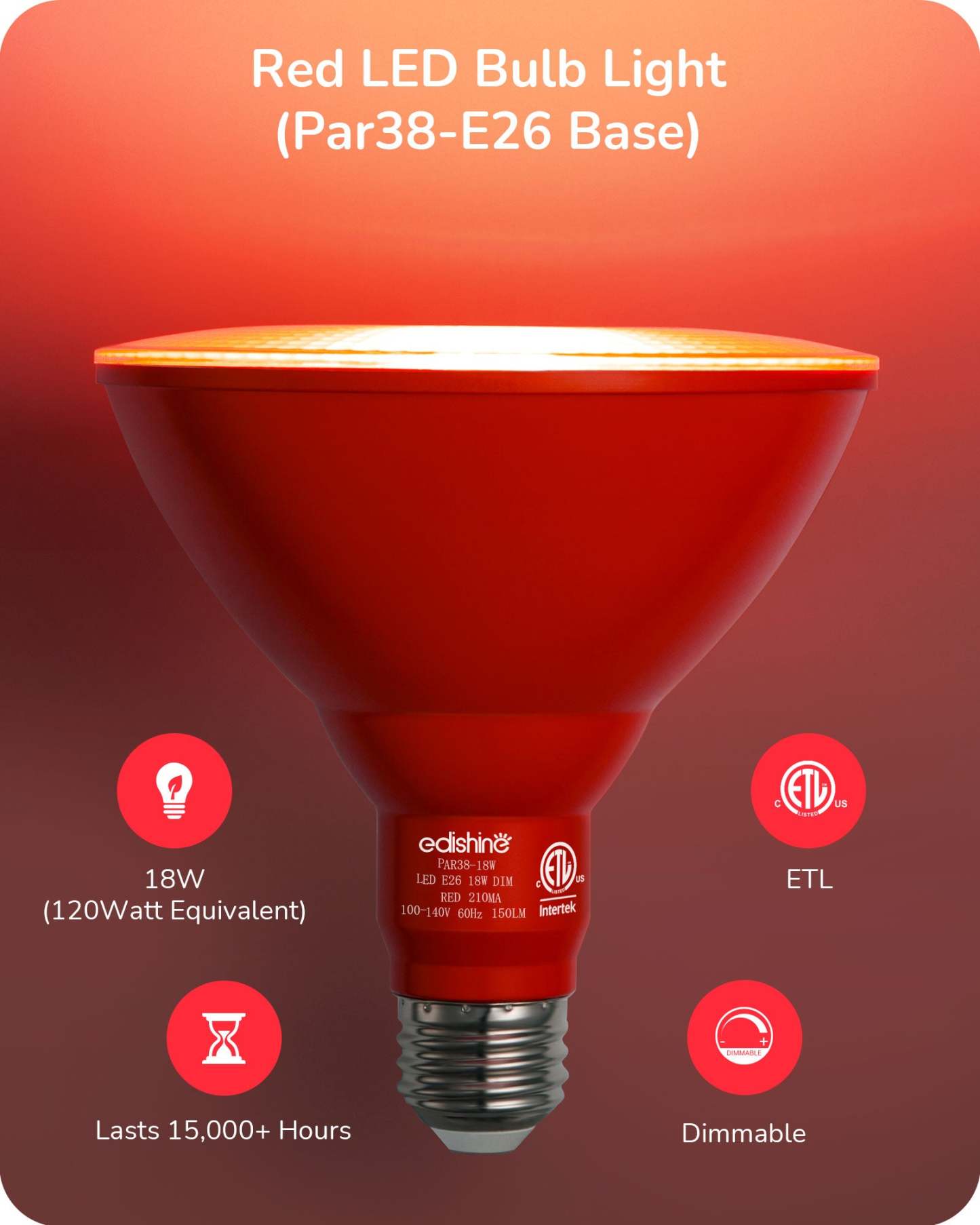 EDISHINE PAR38 Dimmable 18W(120W Equivalent) E26 Base Red & Green Flood Light Bulb, 2 Pack-HDCP38E-B2B