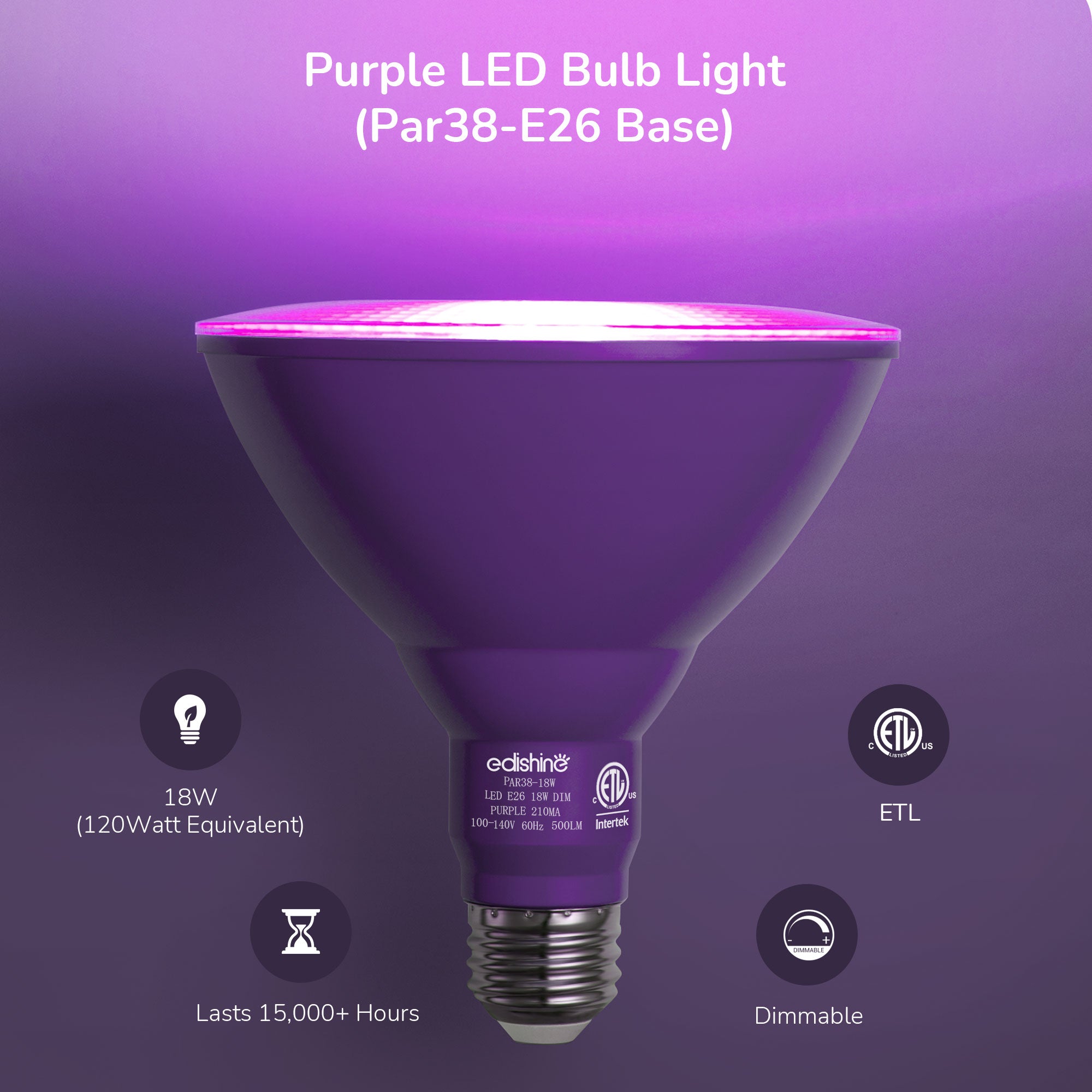 EDISHINE PAR38 Dimmable 18W(120W Equivalent) E26 Base Purple Flood Light Bulb, 2 Pack-HLBP38B