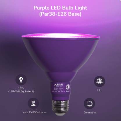 EDISHINE PAR38 Dimmable 18W(120W Equivalent) E26 Base Purple Flood Light Bulb, 2 Pack-HLBP38B