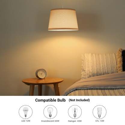 EDISHINE Plug in Pendant Light, Hanging Light with 15Ft Clear Cord, On/Off Switch, White Fabric Shade, Pendant Light Fixture for Bedroom, Kitchen, Living Room, Dining Table-HPIP08B