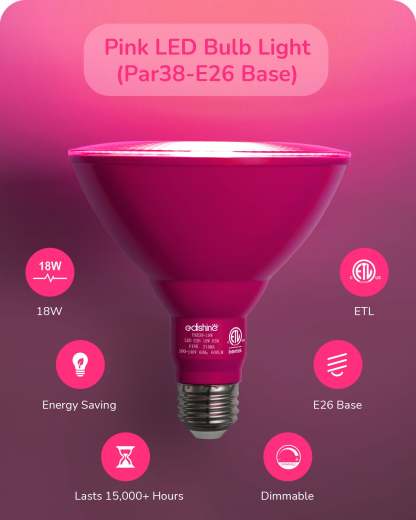 EDISHINE PAR38 Dimmable 18W(120W Equivalent) E26 Base Pink Flood Light Bulb, 2 Pack-HDCP38B
