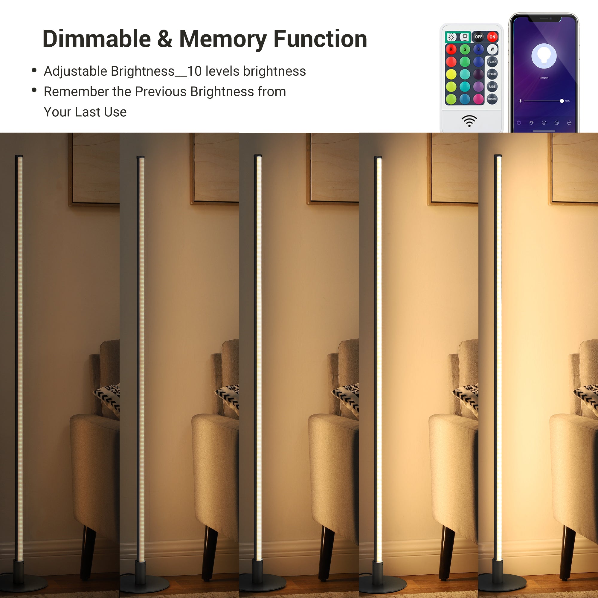 EDISHINE  Black RGBW, Mood Lighing, Smart WiFi Dimmable Floor Lamp with App & Remote Control, 1 Pack-HFLK02W