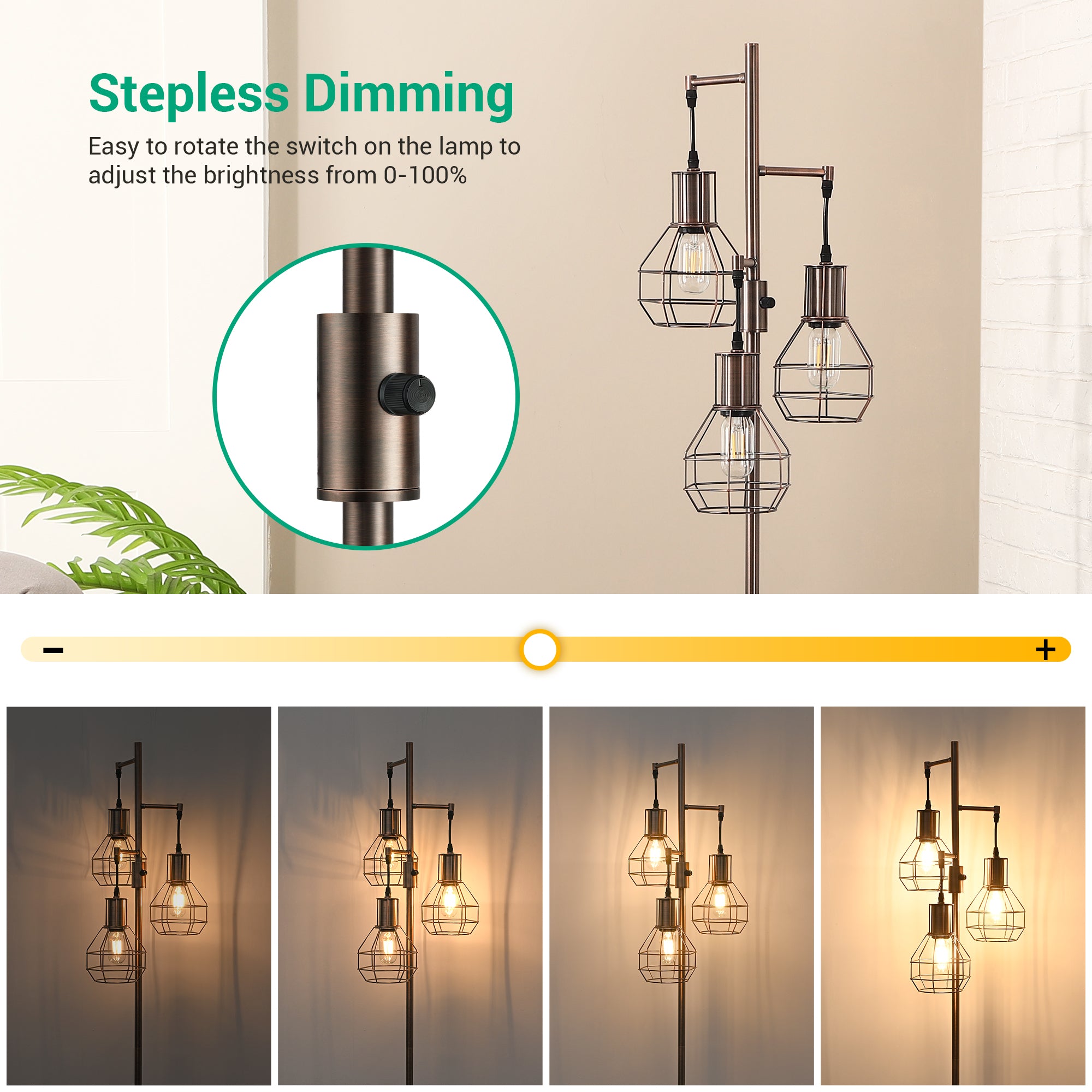 EDISHINE 65" Dimmable Industrial Floor Lamp with 3 LED Bulbs-HOFL03G