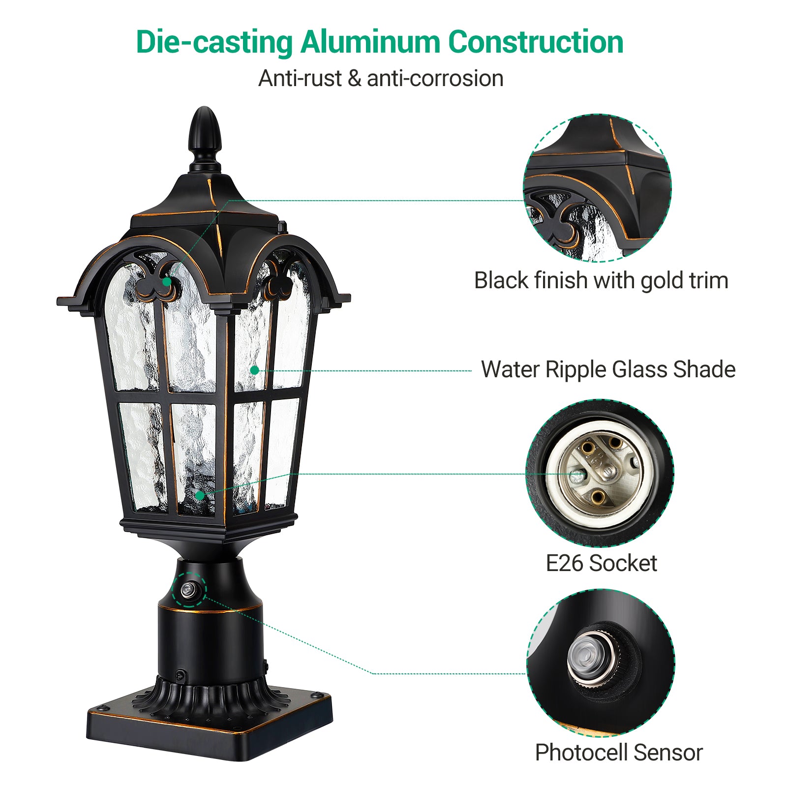 EDISHINE Dusk to Dawn Outdoor Post Light with Pier Mount Base-HOPL01A