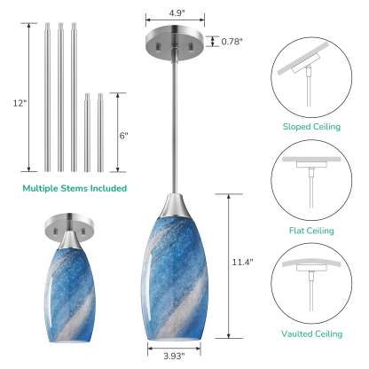 EDISHINE Handcrafted Art Glass Pendant Light Fixtures, Adjustable Cord (1 Pack)-HHPL08C